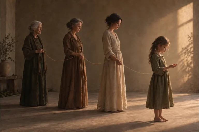 A girl and three older generations of women holding a fine thread between them.